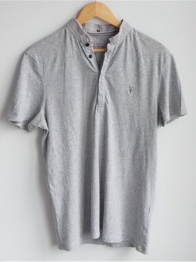 AllSaints Gray Grandad Collar Henley T-Shirt Medium VGUC